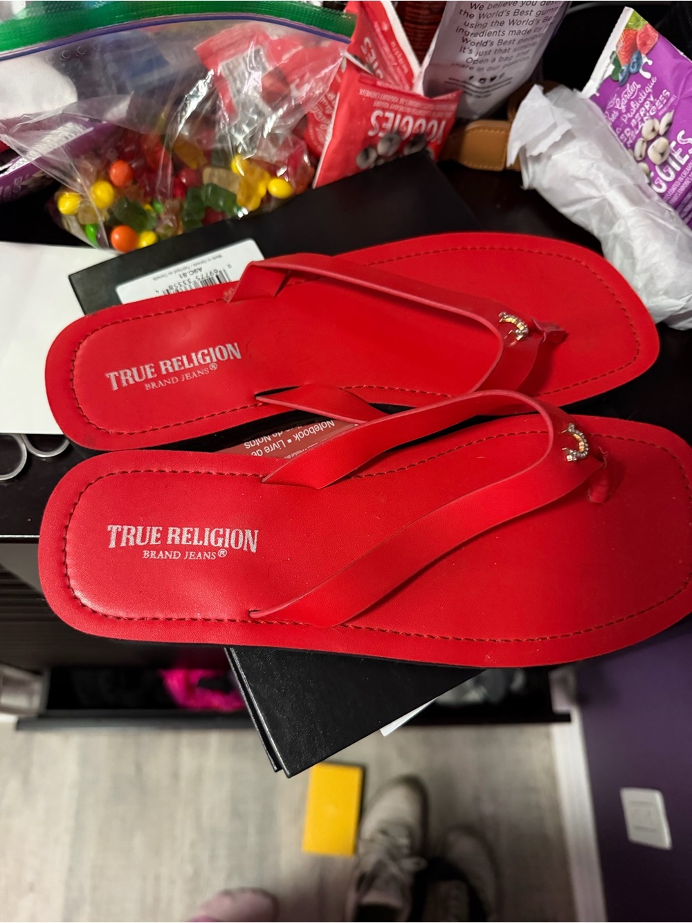 Red true religion flip flops